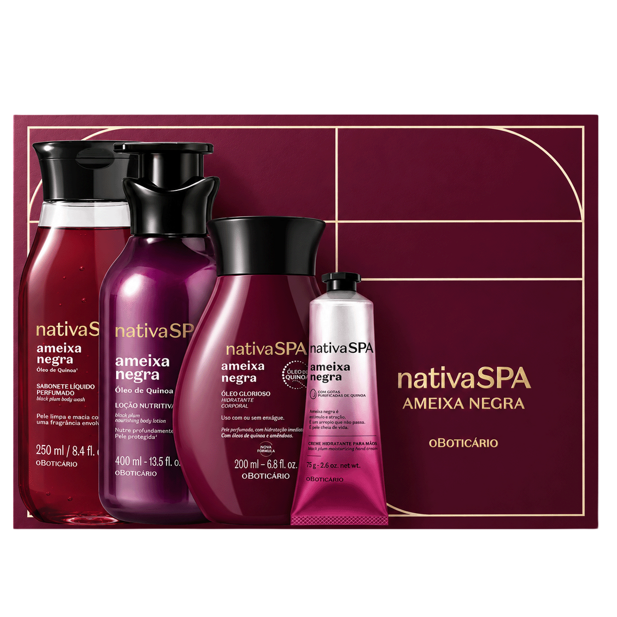 Nativa SPA Ameixa Negra (sabonete + loção + óleo glorioso + creme de mãos)